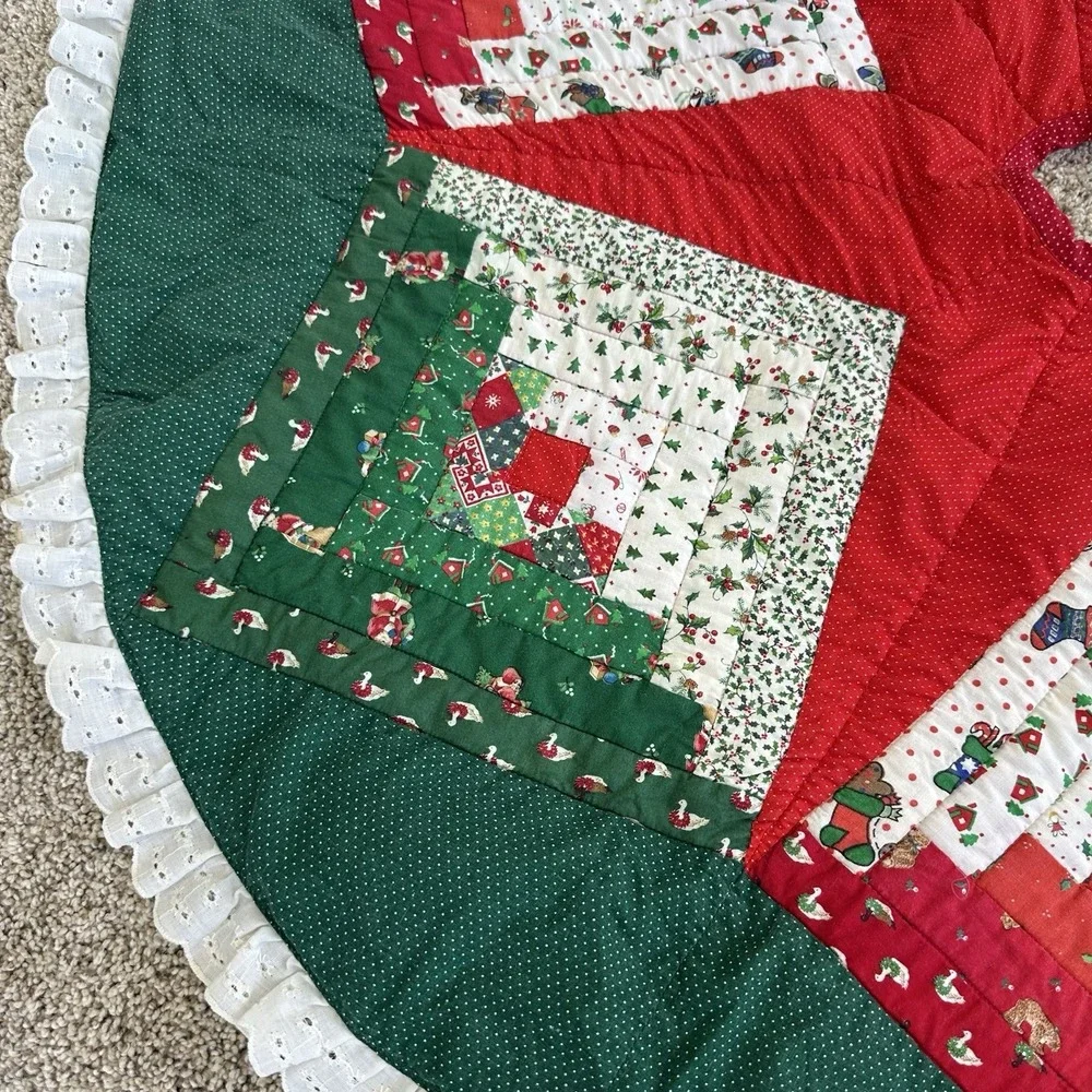 Vintage Handmade Quilted Tree Skirt Star Patchwork 41